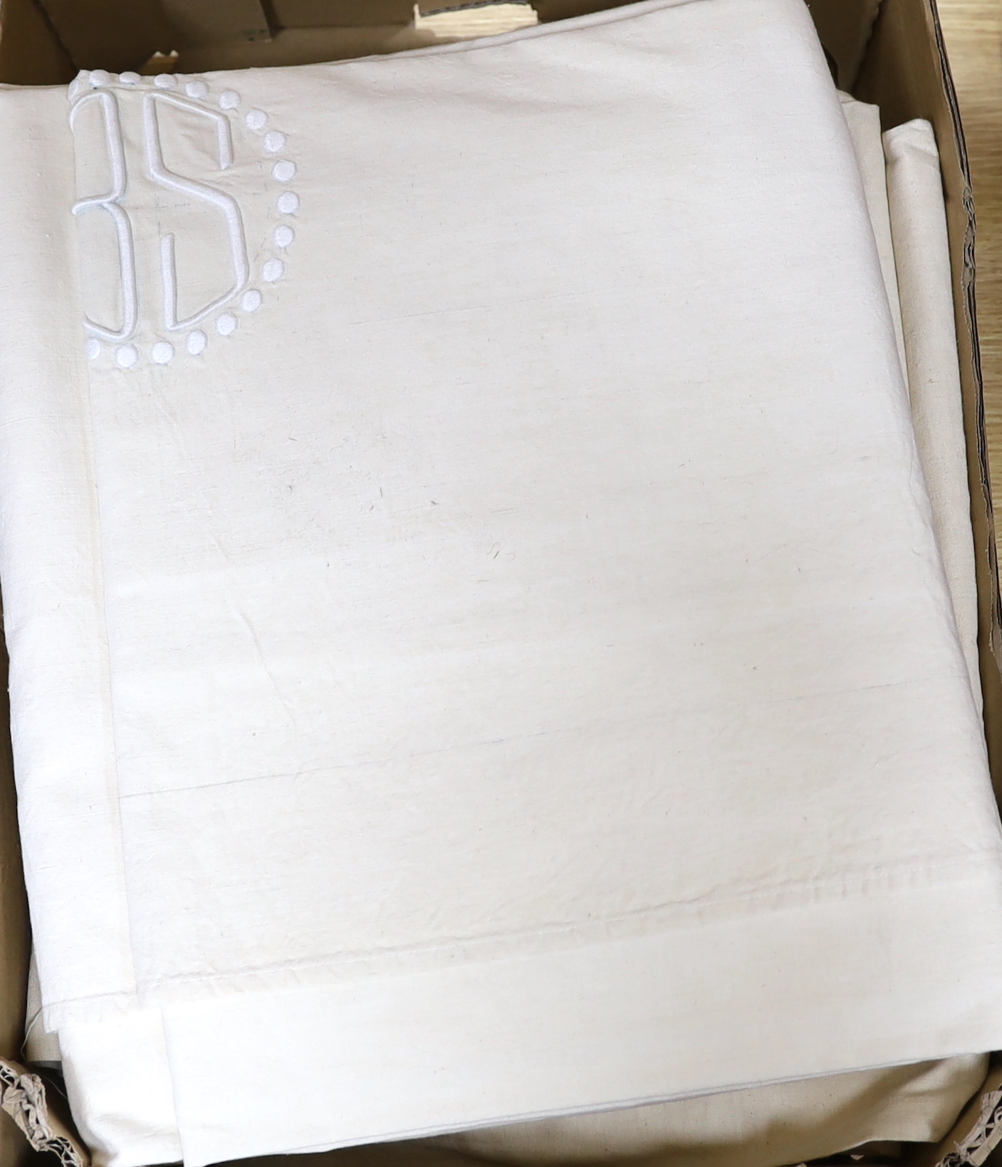 Five coarse French provincial monogrammed sheets and one plain (6)